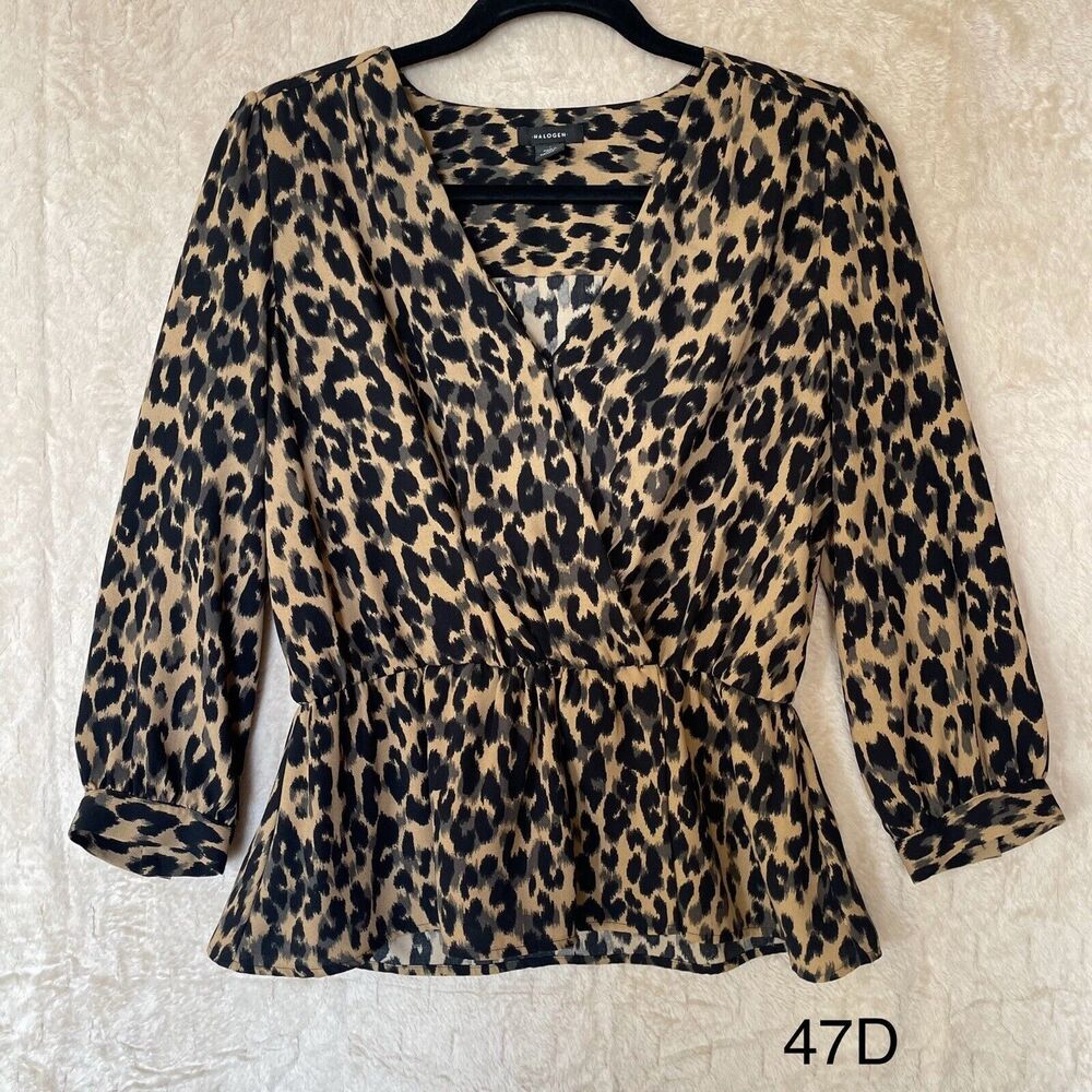 Nordstrom‎ Halogen Women Small Black/Tan Leopard Print Long Sleeve V-Neck Blouse